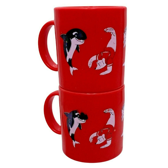 Vintage Sea World Mug Shamu Orca Penguin Sea Lion Logo Red Plastic Kid's Cup - Picture 4 of 8